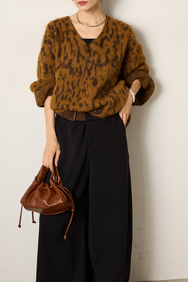 [SET]フラッフィーレオパードシャギーニット+サイドベルトパンツ(2set)