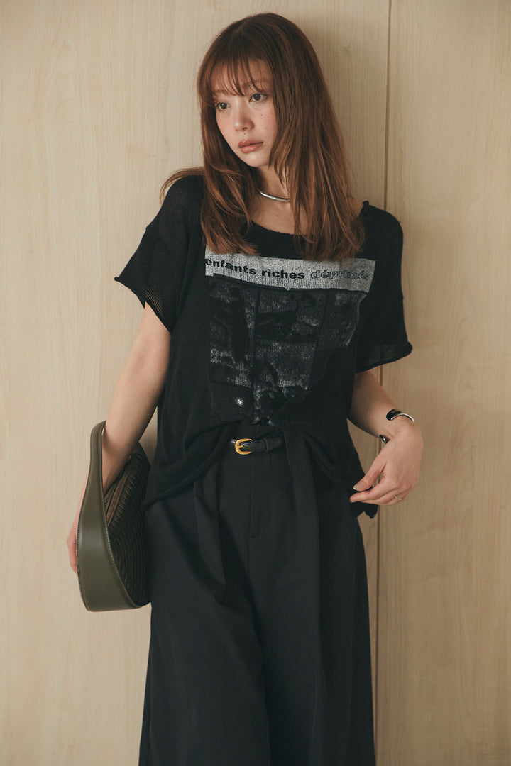 [SET]半袖モノトーングラフィックトップス+ベルトループデザインハイウエストタックパンツ(2set)