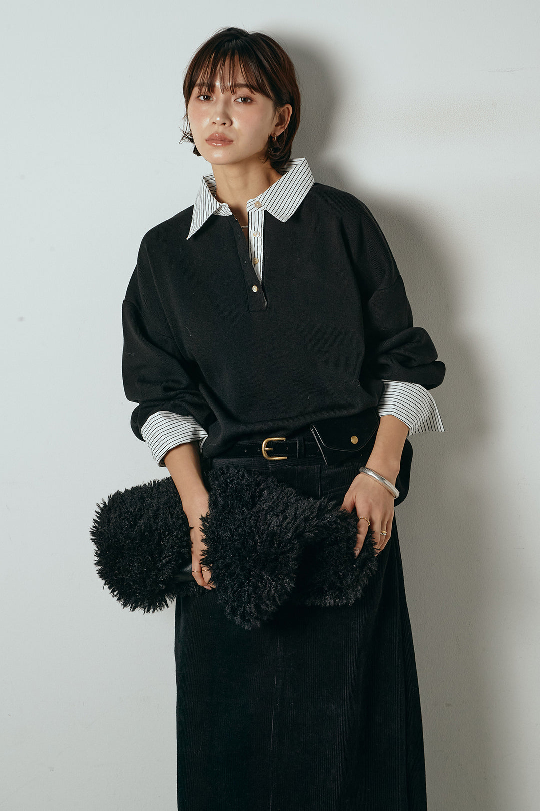 [SET]ストライプシャツドッキングポロトップス+ポーチベルト付きコーデュロイワイドスカート(2set)