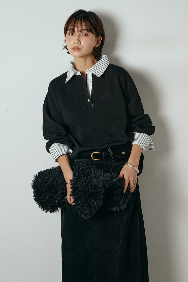 [SET]ストライプシャツドッキングポロトップス+ポーチベルト付きコーデュロイワイドスカート(2set)