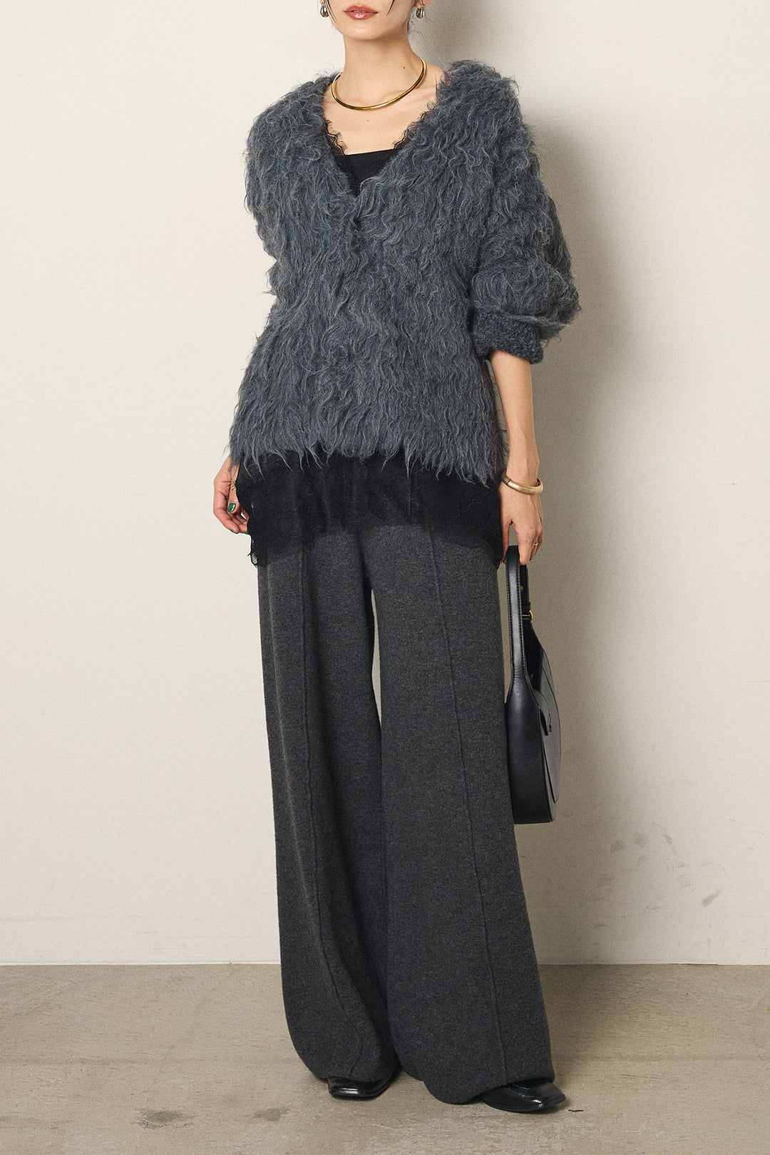 [SET]起毛シャギーニットカーディガン+センターラインニットパンツ(2set)