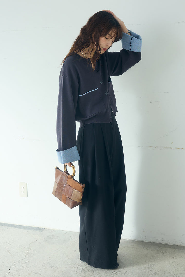 [SET]レーヨンポリダブルフェイスカーディガン+サイドベルトタック入りスラックス(2set)