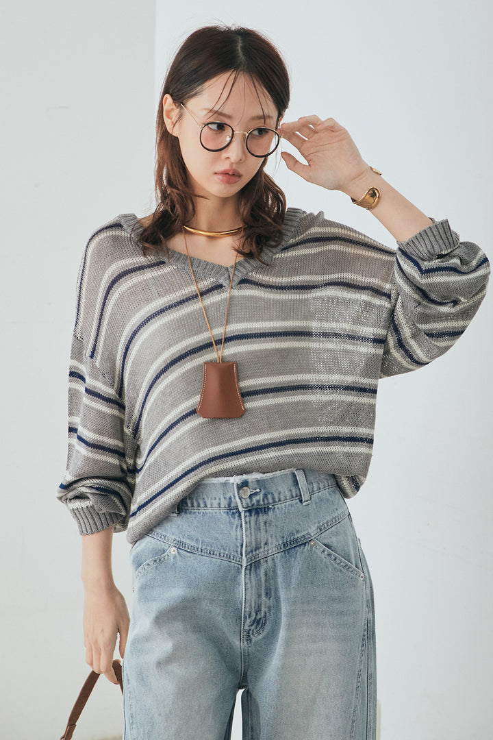 [SET]綿タッチVネックボーダートップス+デニムヨークパンツ(2set)