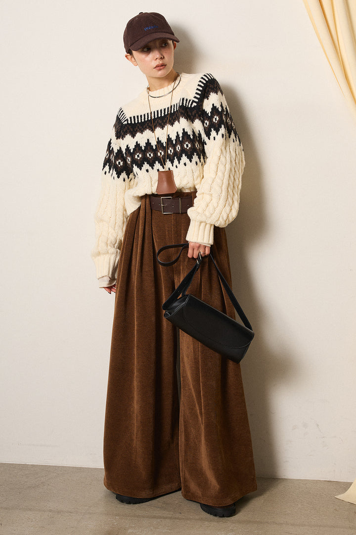 [SET]2WAY求心柄ジャガードショートカーディガン+ベルトループコーデュロイワイドパンツ(2set)