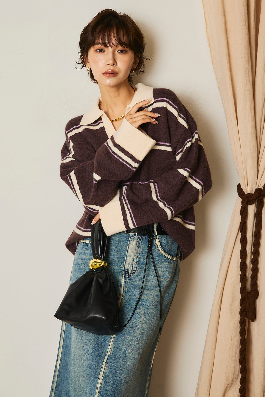 【即納】フェイクレザー太ベルト付きデニムワイドスカート