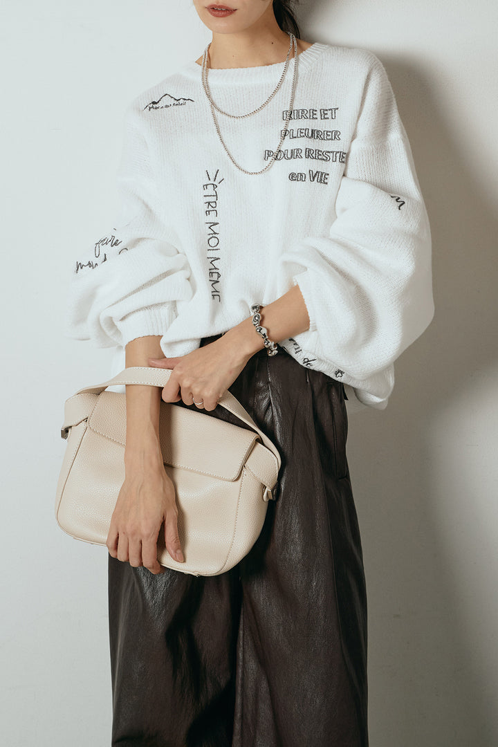 [SET]刺繍ロゴランダムデザインニットトップス+ベルト付きレザーライクタックパンツ(2set)