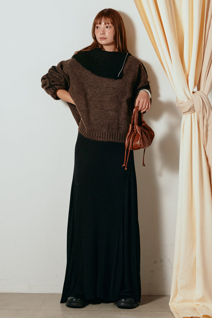 [SET]ハイネックジップデザインニットトップス+サイド切り替えリブニットロングスカート(2set)