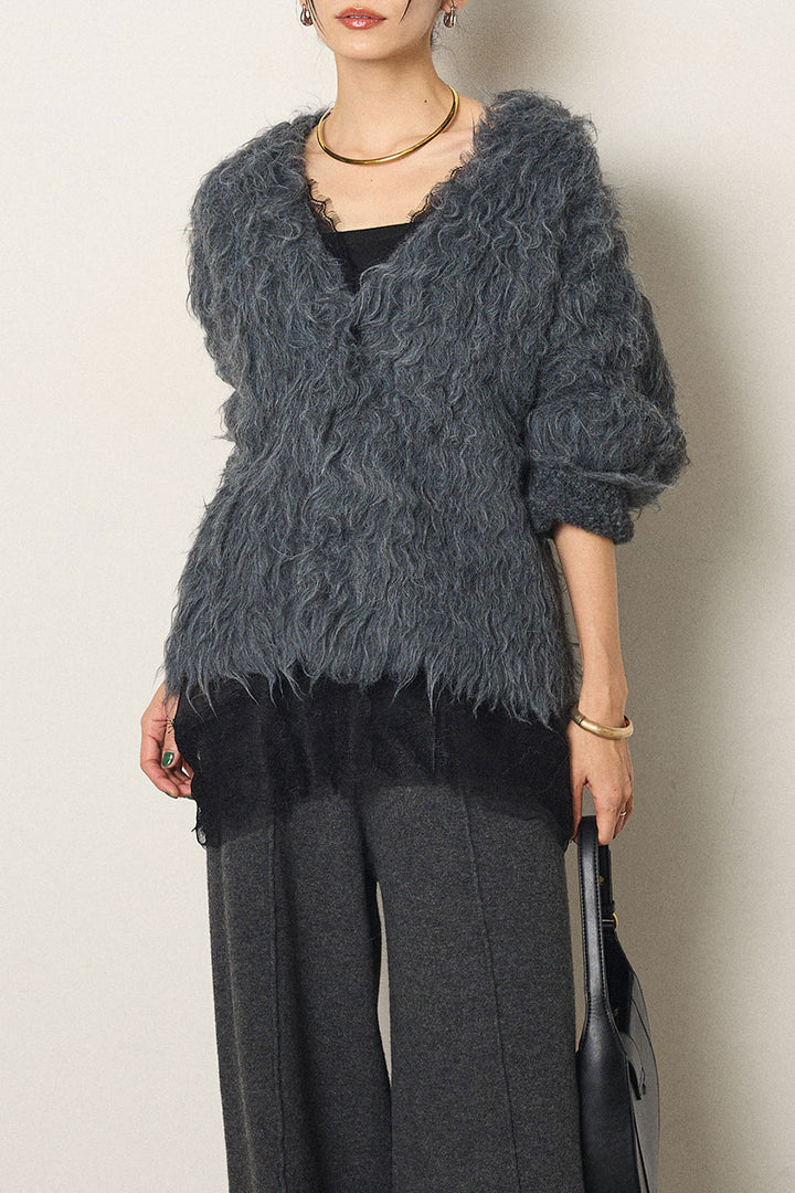 [SET]起毛シャギーニットカーディガン+レース切り替えキャミソール(2set)