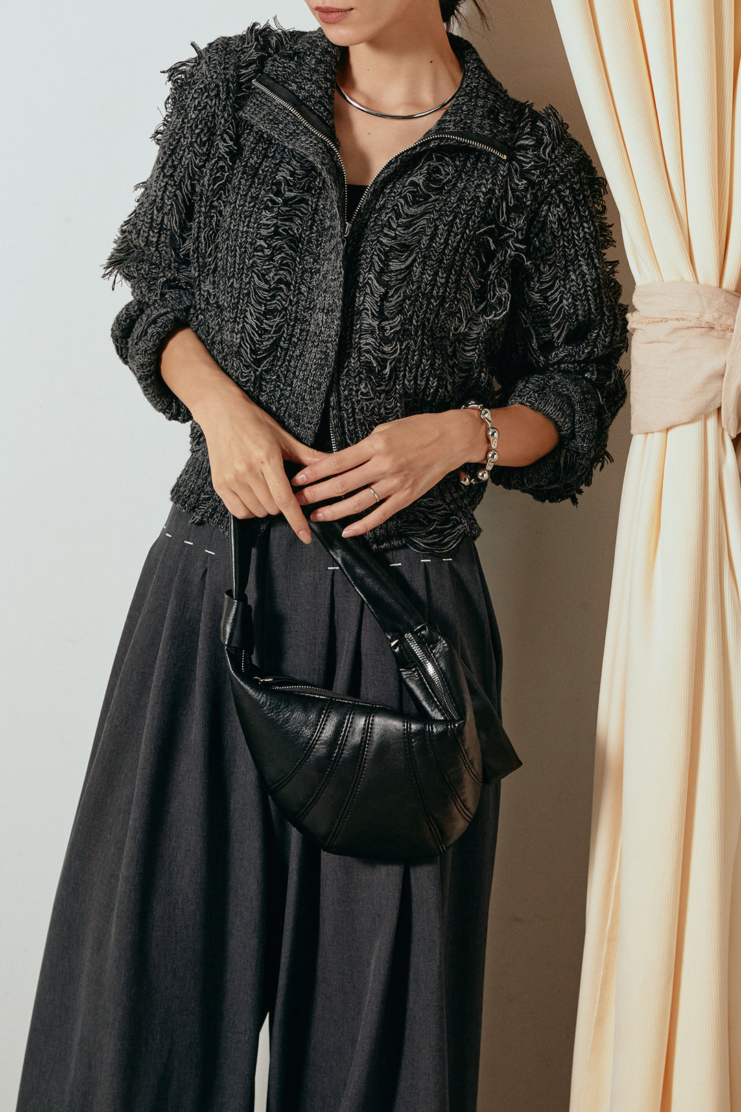 [SET]ハイネックフリンジジップニットトップス+ウエストステッチデザインワイドスラックス(2set)