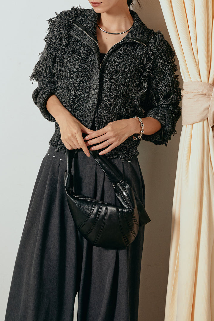 [SET]ハイネックフリンジジップニットトップス+ウエストステッチデザインワイドスラックス(2set)