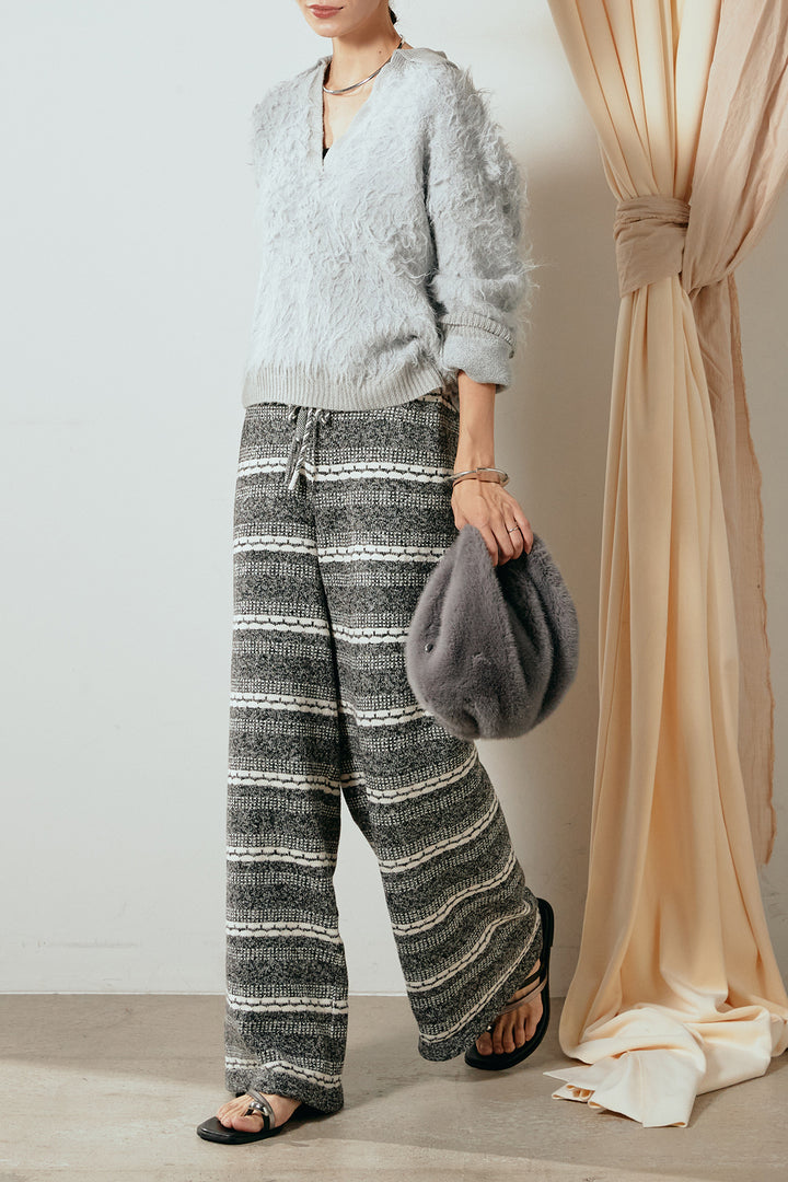 [SET]襟付きシャギーニットポロトップス+マルチライン柄リラックスニットパンツ(2set)