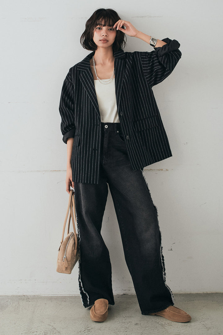 [SET]リネンライクストライプテーラードジャケット+デニムサイドフリルパンツ(2set)