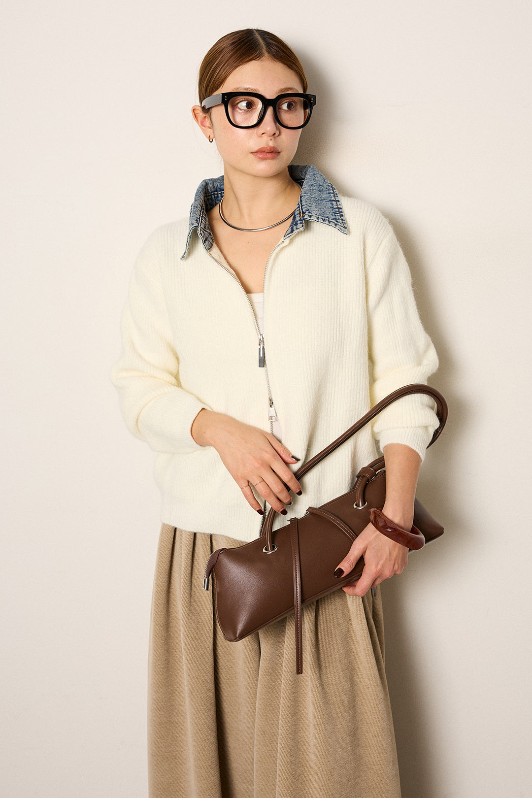 [SET]デニム襟ダブルジップニットトップス+ベルトループコーデュロイワイドパンツ(2set)