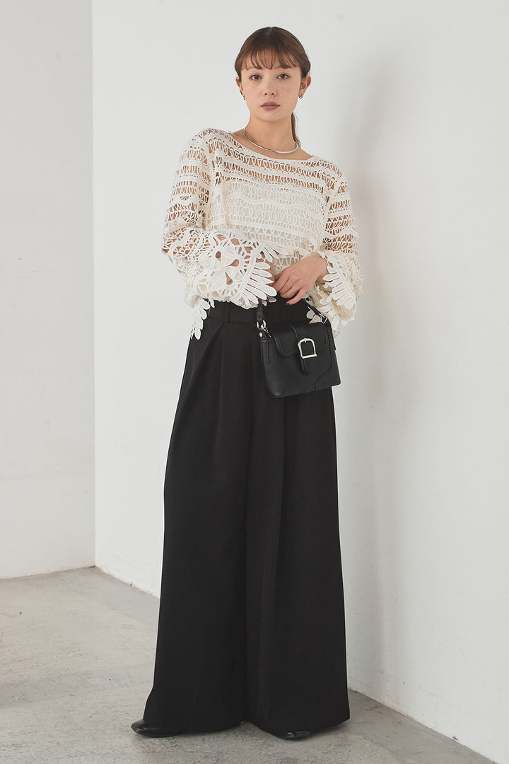 [SET]裾デザインメッシュプルオーバー+ベルト付きツータックワイドパンツ(2set)