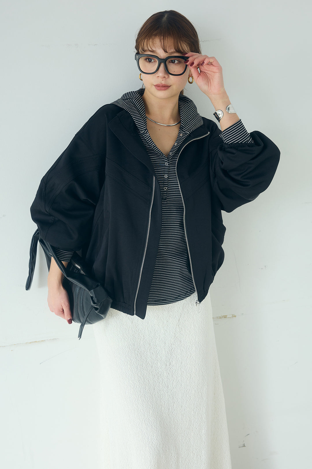 [SET]マルチ切り替えドルマンブルゾン+メッシュ刺繍ロングスカート+ボーダーフーディーロンT(3set)