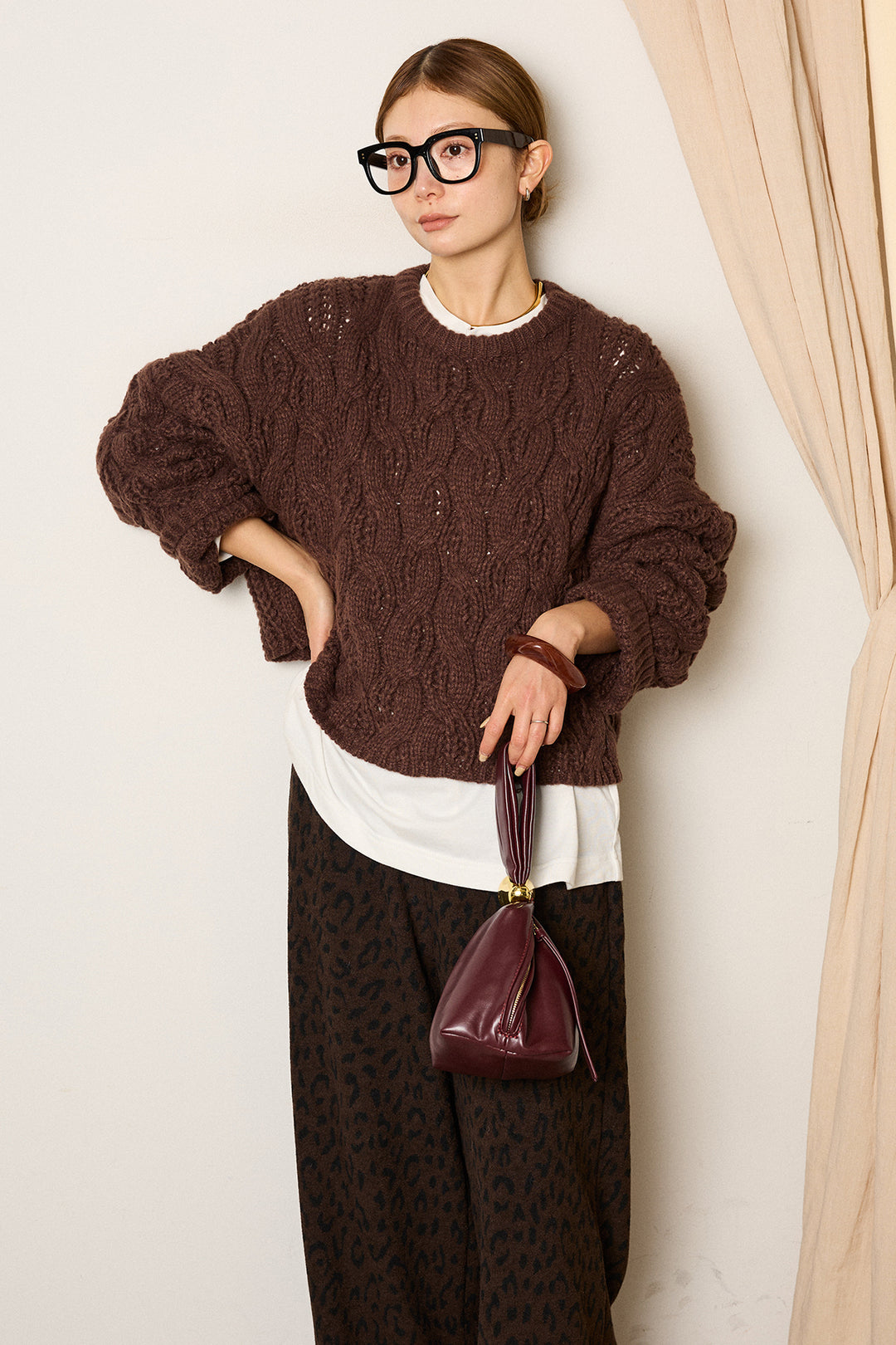 [SET]ケーブルリラックスショートニット+レオパードジャガードニットパンツ(2set)