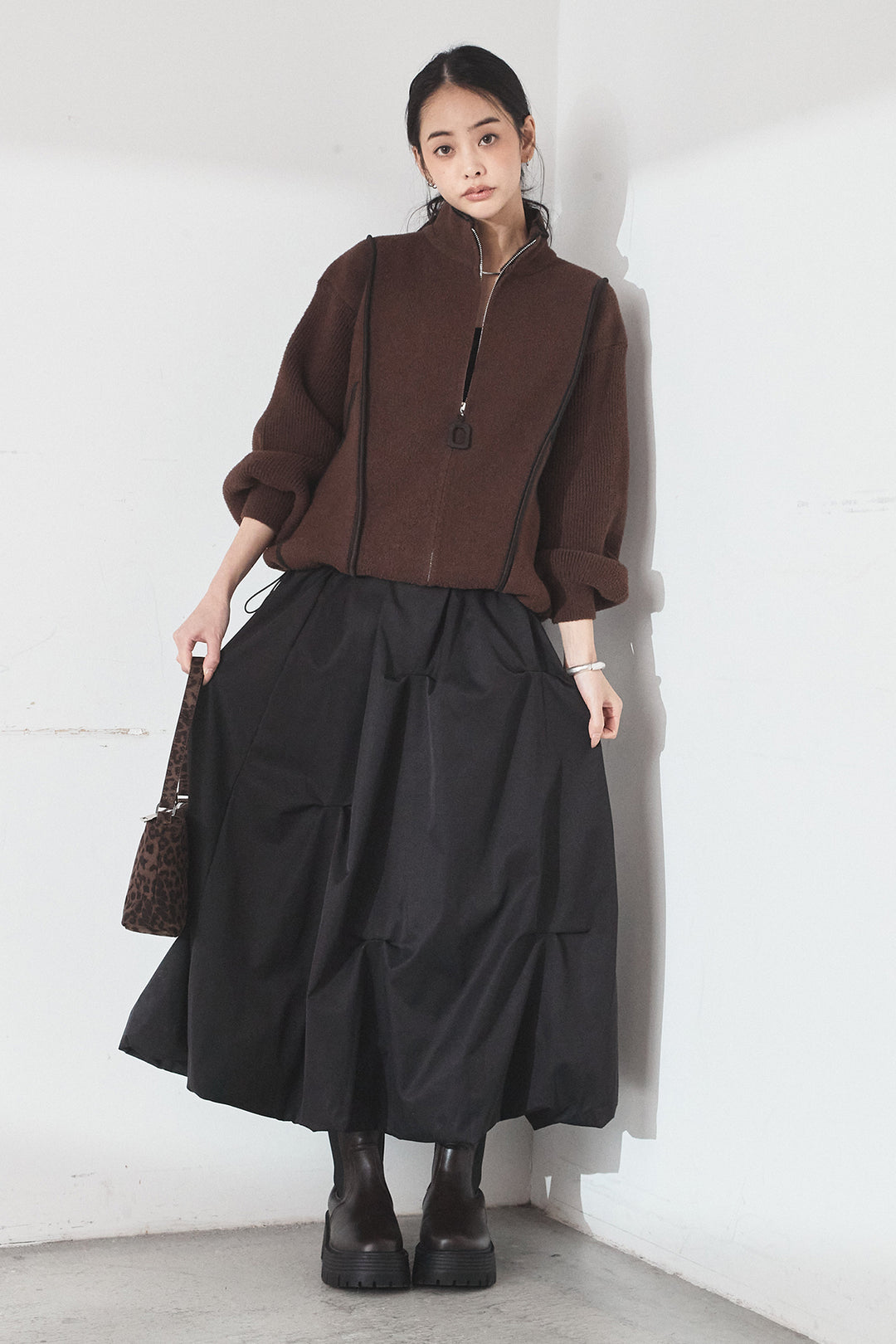 [SET]ハイネックパイピングデザインブルゾン+ランダムタックバルーンスカート(2set)