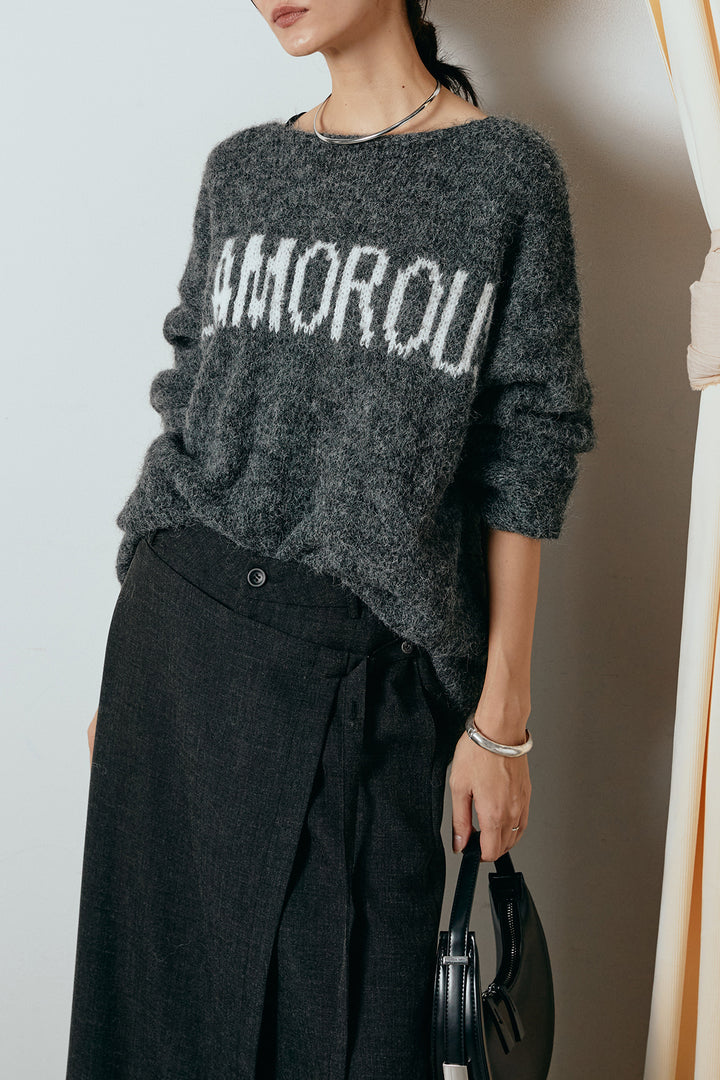 [SET]フロントロゴデザインニットトップス+ラップ巻きワイドスラックス(2set)