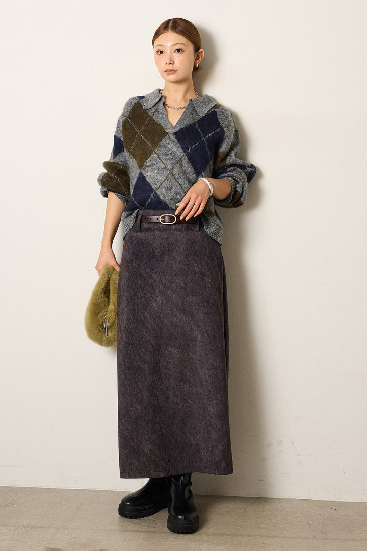 [SET]アクリルモヘアアーガイルキーネックプルオーバー+ロープベルト付きスウェード調スカート(2set)