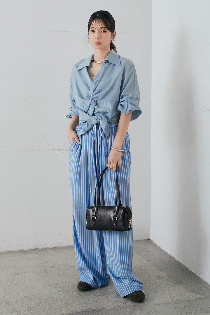 [SET]裾巻きツイストデザインシャツ+レーヨンストライプイージーワイドパンツ(2set)