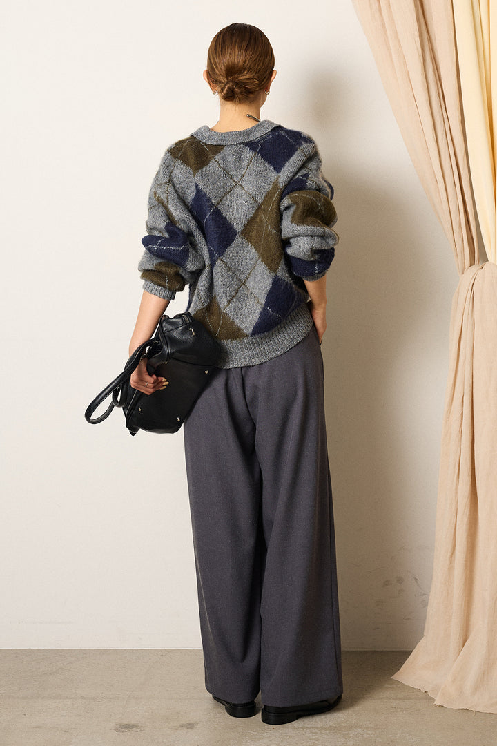 [SET]アクリルモヘアアーガイルキーネックプルオーバー+フロントワイドタックネップ入ワイドパンツ(2set)