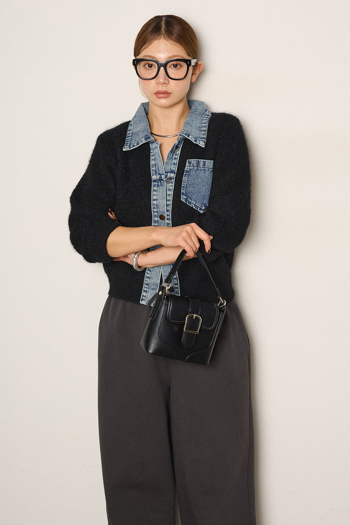 [SET]襟付きデニム切替ニットカーディガン+裏起毛スウェットワイドパンツ(2set)