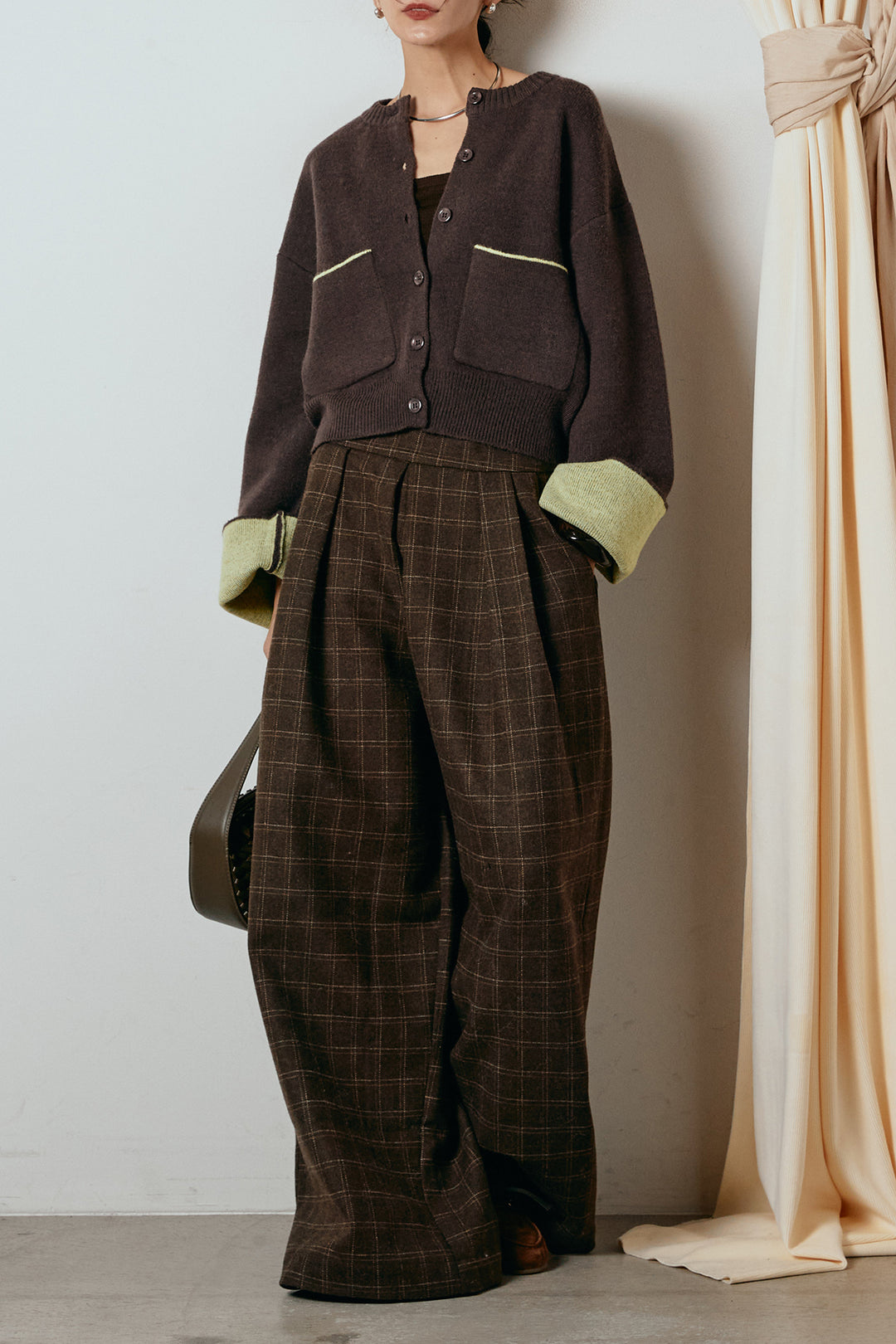 [SET]アルパカタッチダブルフェイスカーディガン+ウールライクチェックタックパンツ(2set)