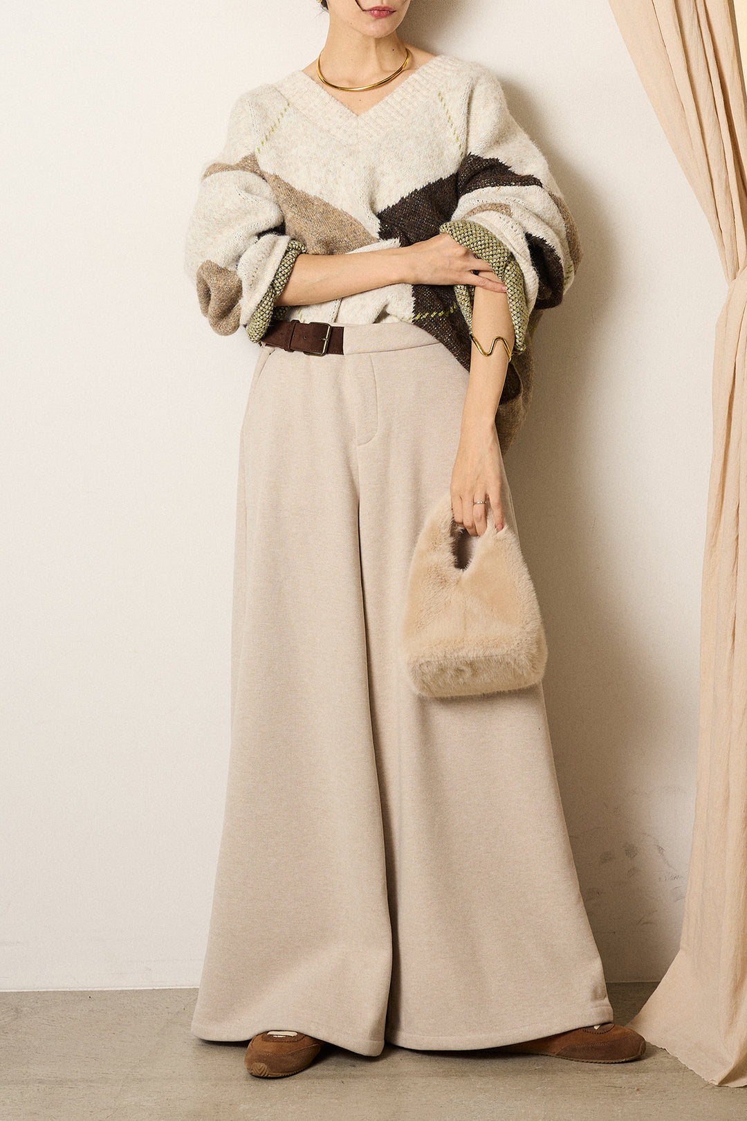 [SET]ルーズアーガイルVネックニット+サイドベルトパンツ(2set)