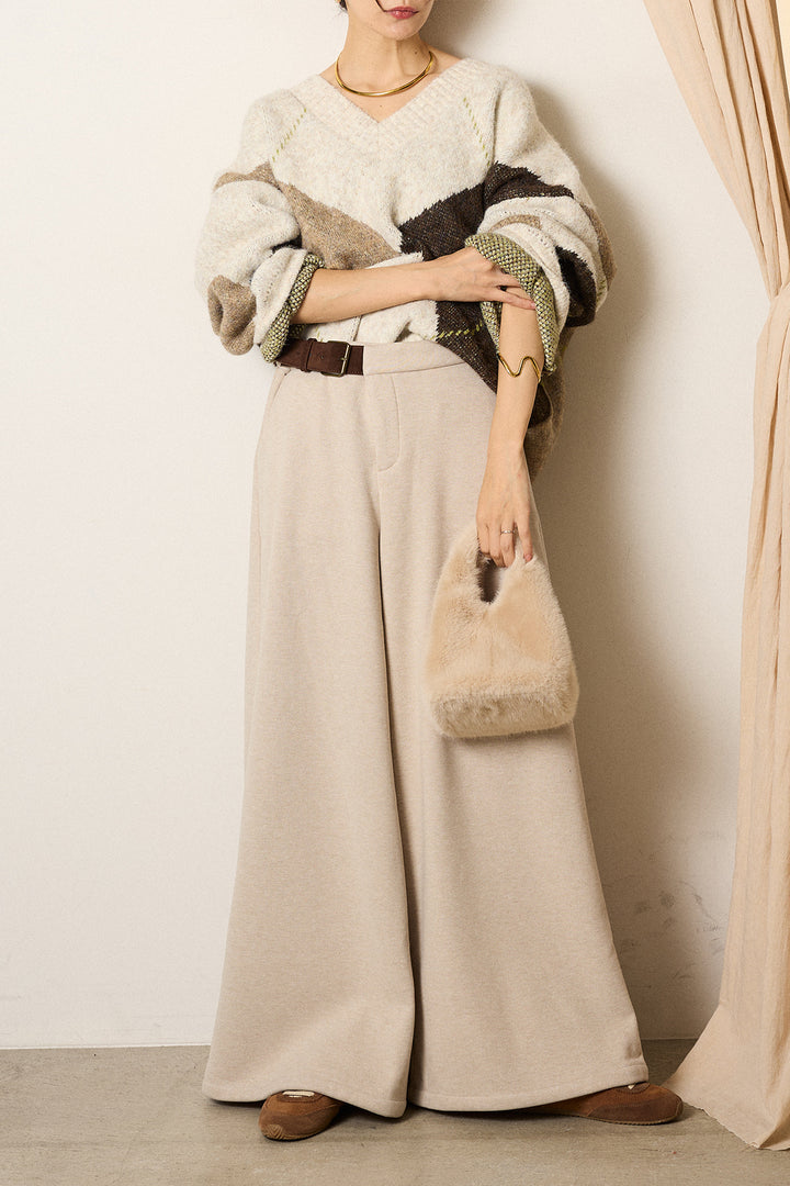 [SET]ルーズアーガイルVネックニット+サイドベルトパンツ(2set)