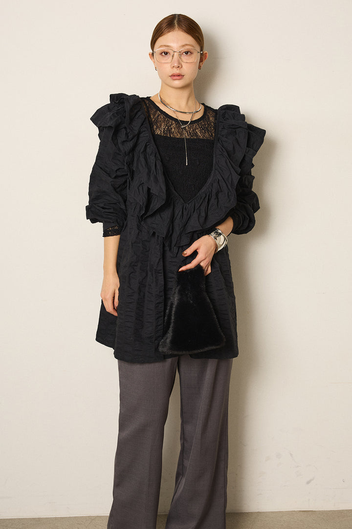 [SET]Vネックフリルカラーブラウス+ツイルスプリングカラータックパンツ+ストレッチレースクルーネックインナー(3set)