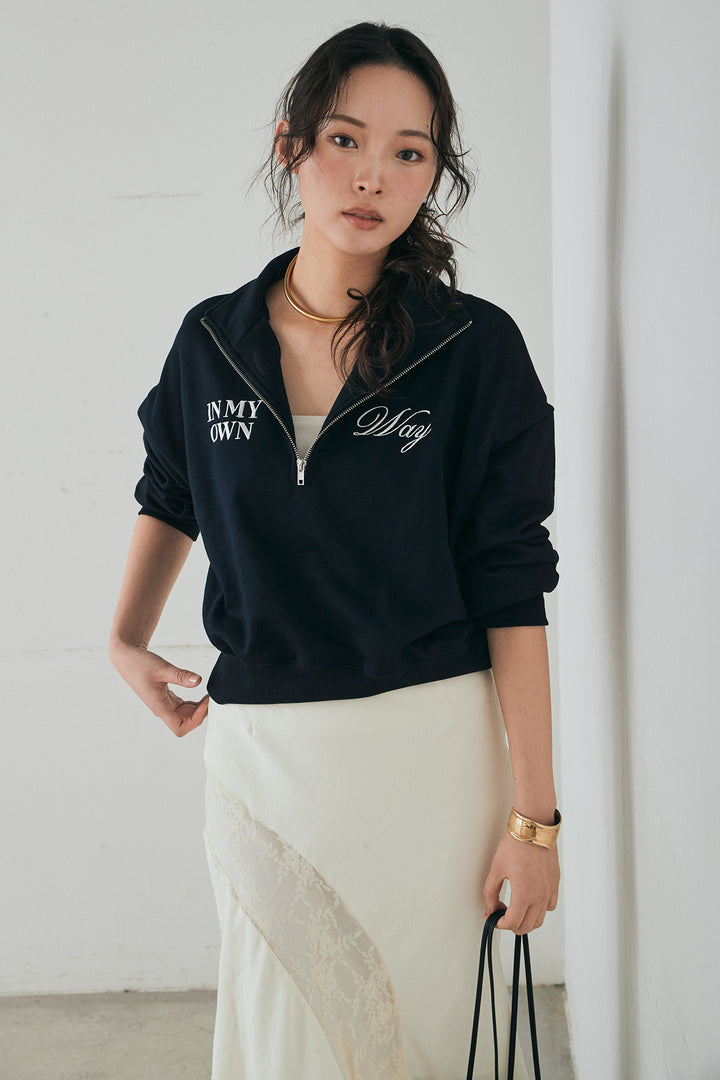 [SET]裏毛ロゴ刺繍ハーフZIPスウェット+刺繍レースデザインサテンスカート(2set)