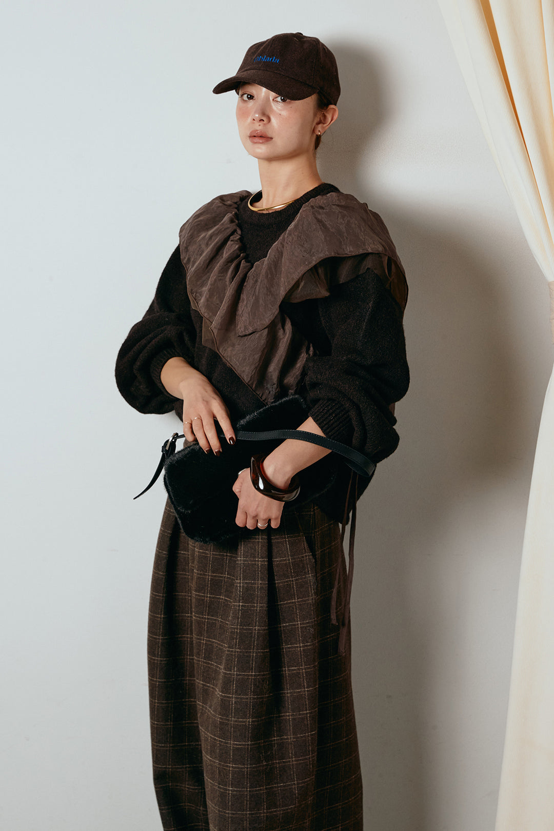 [SET]アシンメトリーフリルニットトップス+ウールライクチェックタックパンツ(2set)