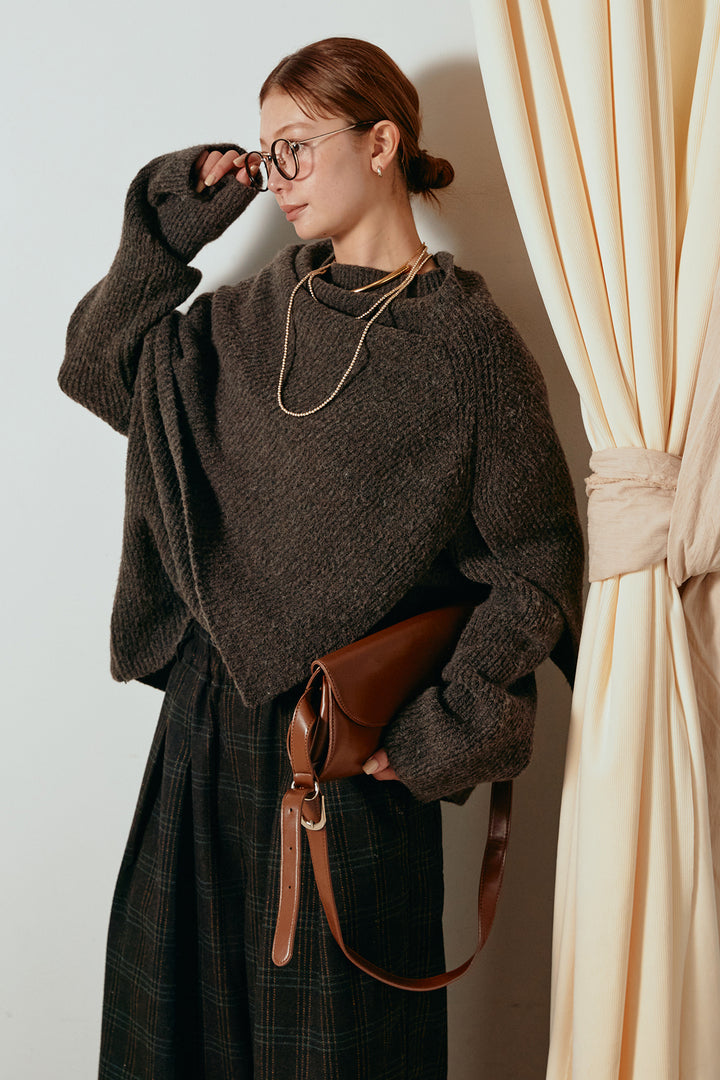 [SET]ケープデザインリブニットトップス+タータンチェック柄タックパンツ(2set)