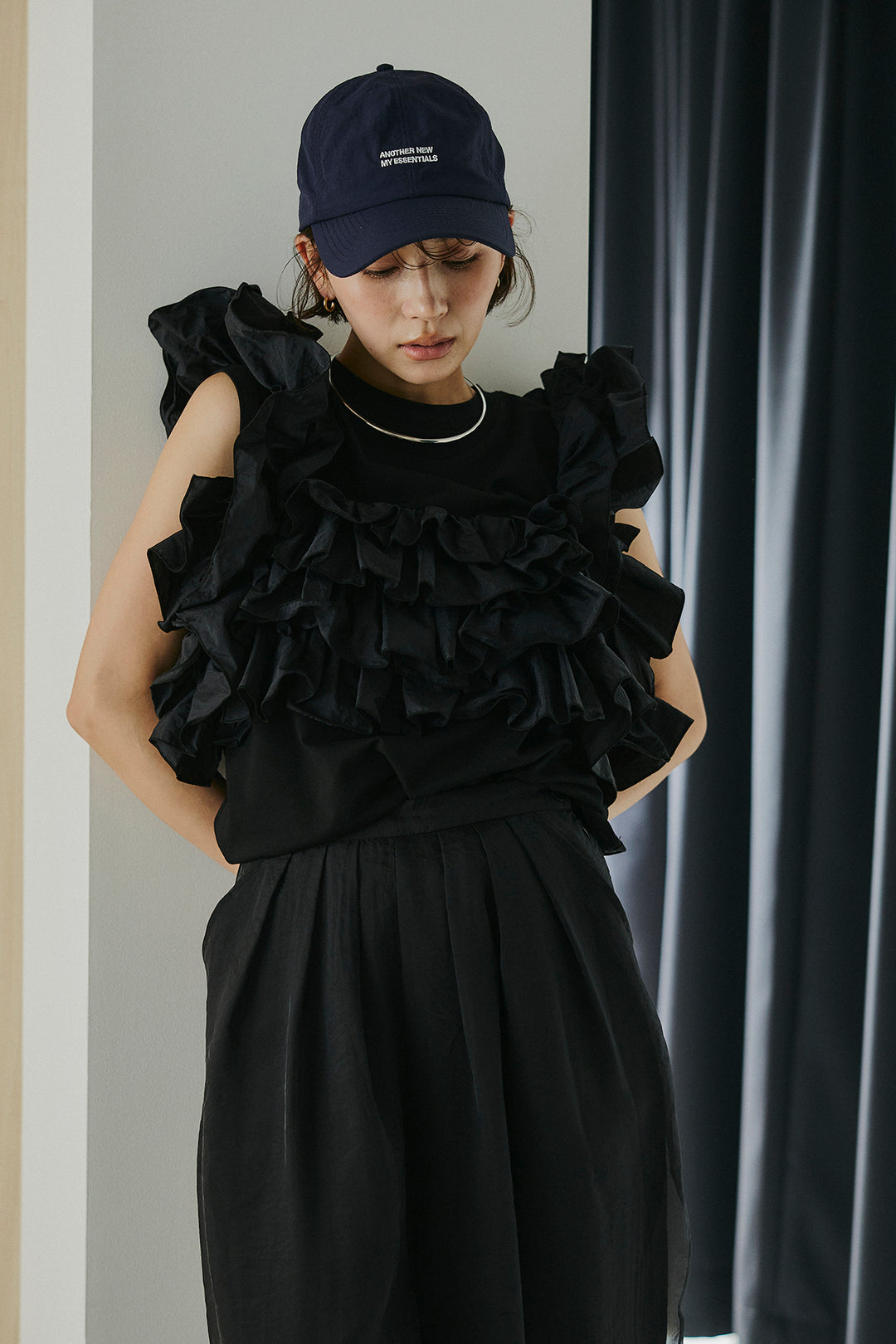 [SET]天竺ナイロンドッキングビスチェ風トップス+オーガンジータックパンツ(2set)