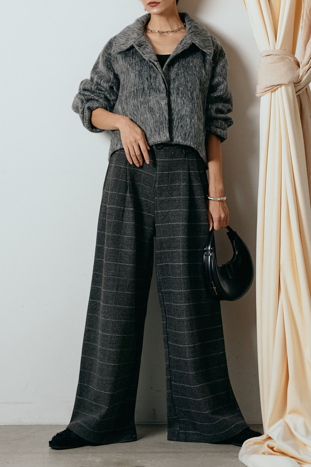 [SET]シャギーショートジャケット+スクエアチェック柄ワイドパンツ(2set)