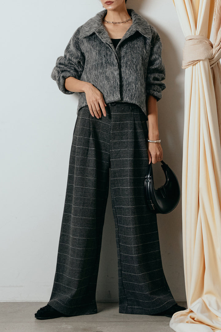 [SET]シャギーショートジャケット+スクエアチェック柄ワイドパンツ(2set)