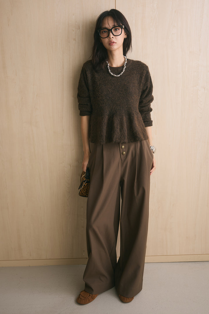 [SET]モヘアぺプラムクルーネックプルオーバー+ファイブボタンツータックワイドパンツ(2set)