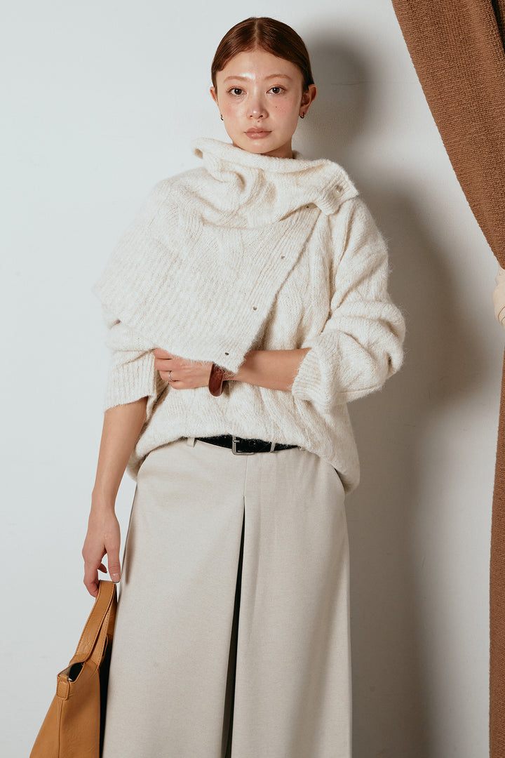 [SET]ケープデザインケーブルニットトップス+ベルト付きフロントタックデザインパンツ(2set)