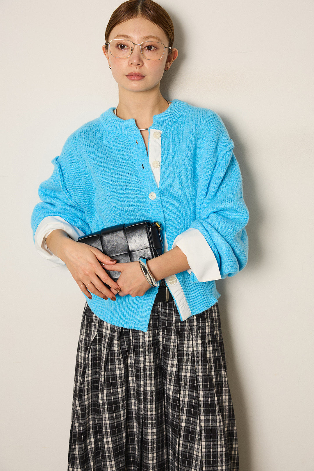 [SET]シャツドッキングニットカーディガン+ベルト付きタータンチェックプリーツスカート(2set)