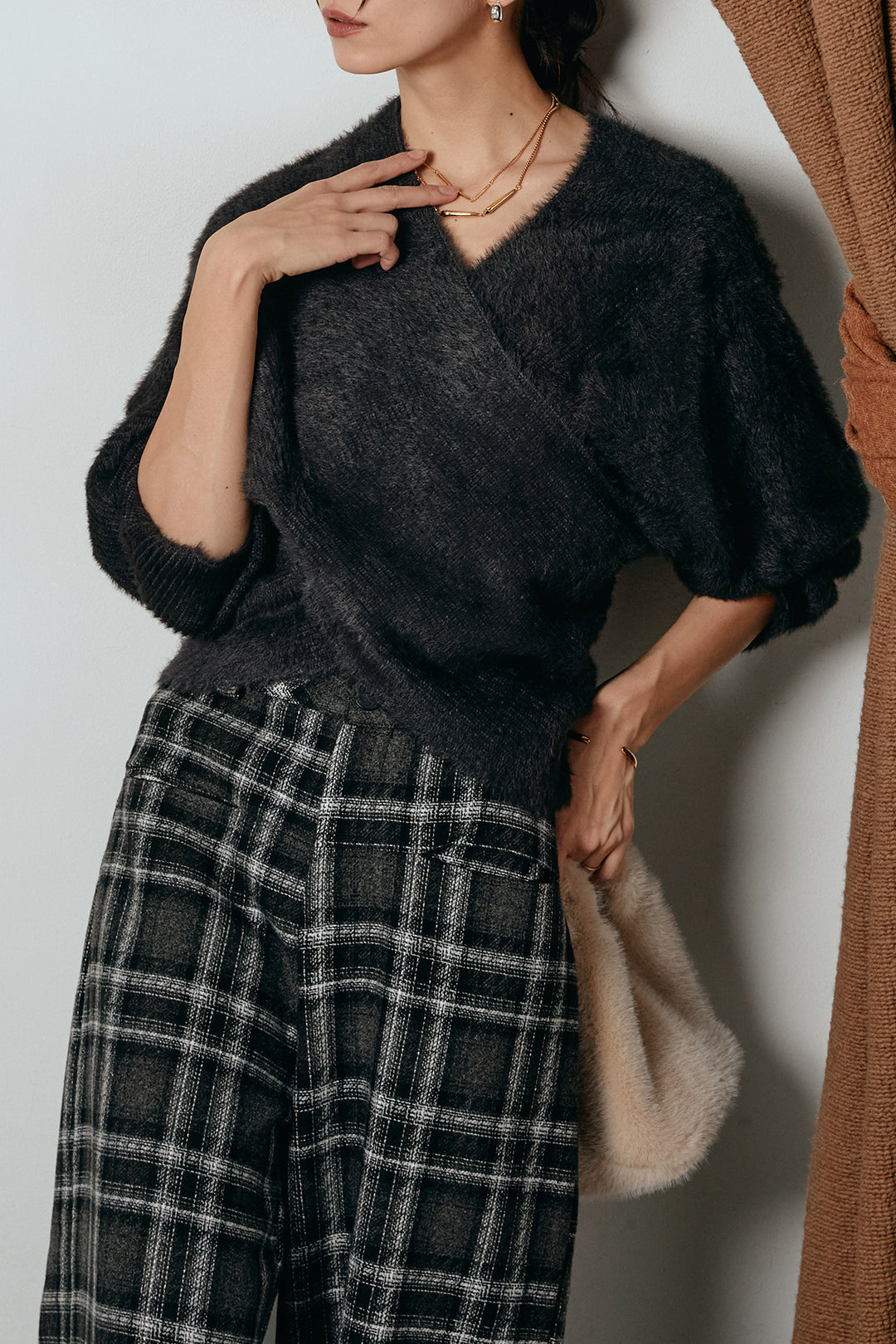 [SET]シャギーカシュクールニットトップス+ルーズタータンチェックワイドパンツ(2set)