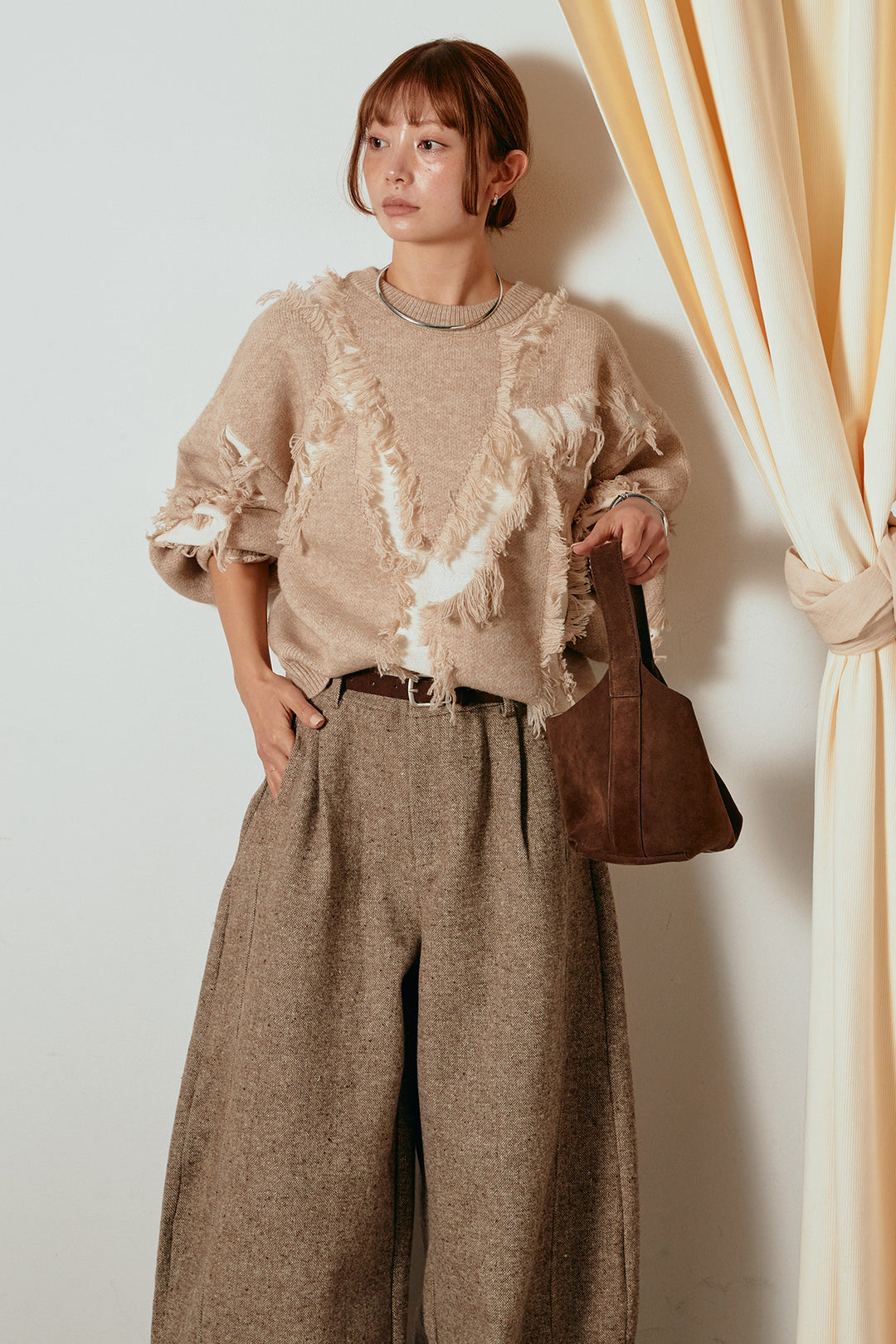 [SET]シャギージャガードニットトップス+ベルト付きネップツイードカーブパンツ(2set)