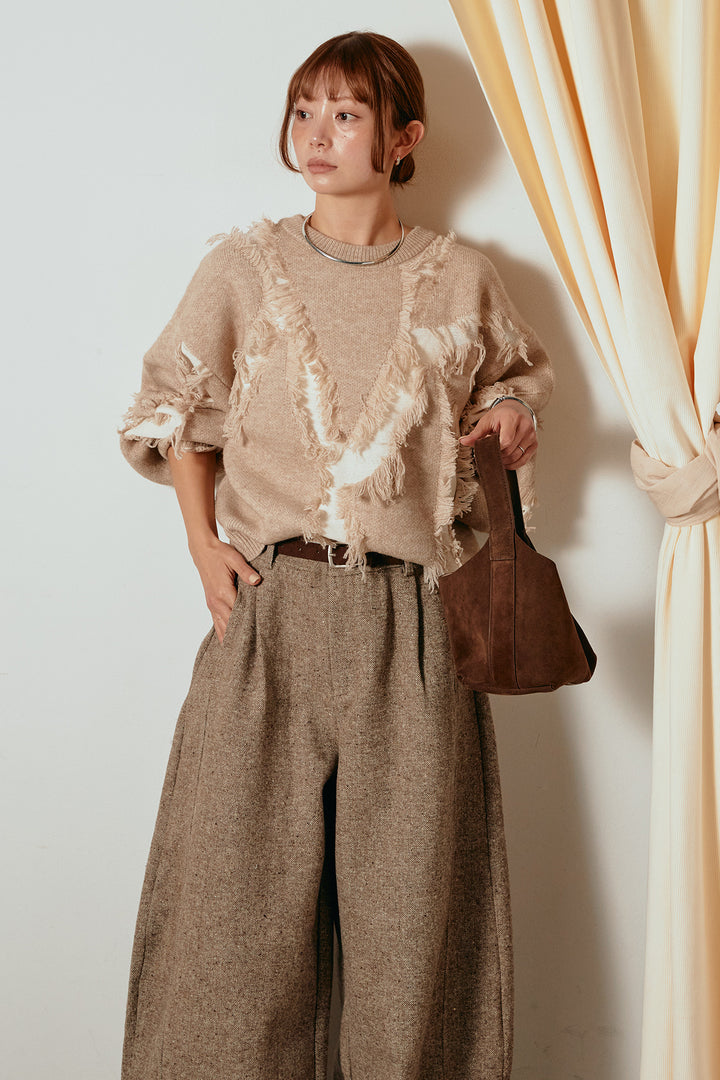 [SET]シャギージャガードニットトップス+ベルト付きネップツイードカーブパンツ(2set)