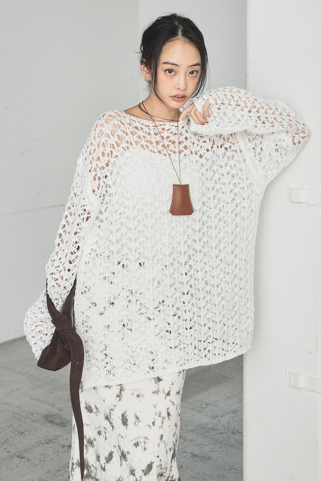 [SET]リラックスメッシュニットトップス+タイダイ柄ベロアワイドスカート(2set)