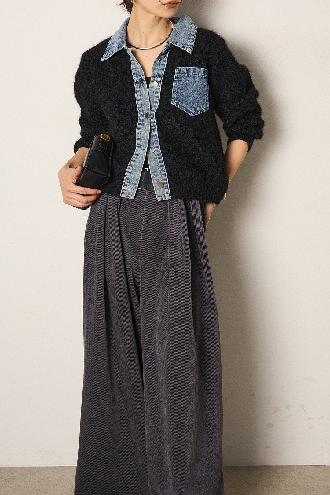 [SET]襟付きデニム切替ニットカーディガン+ベルトループコーデュロイワイドパンツ(2set)