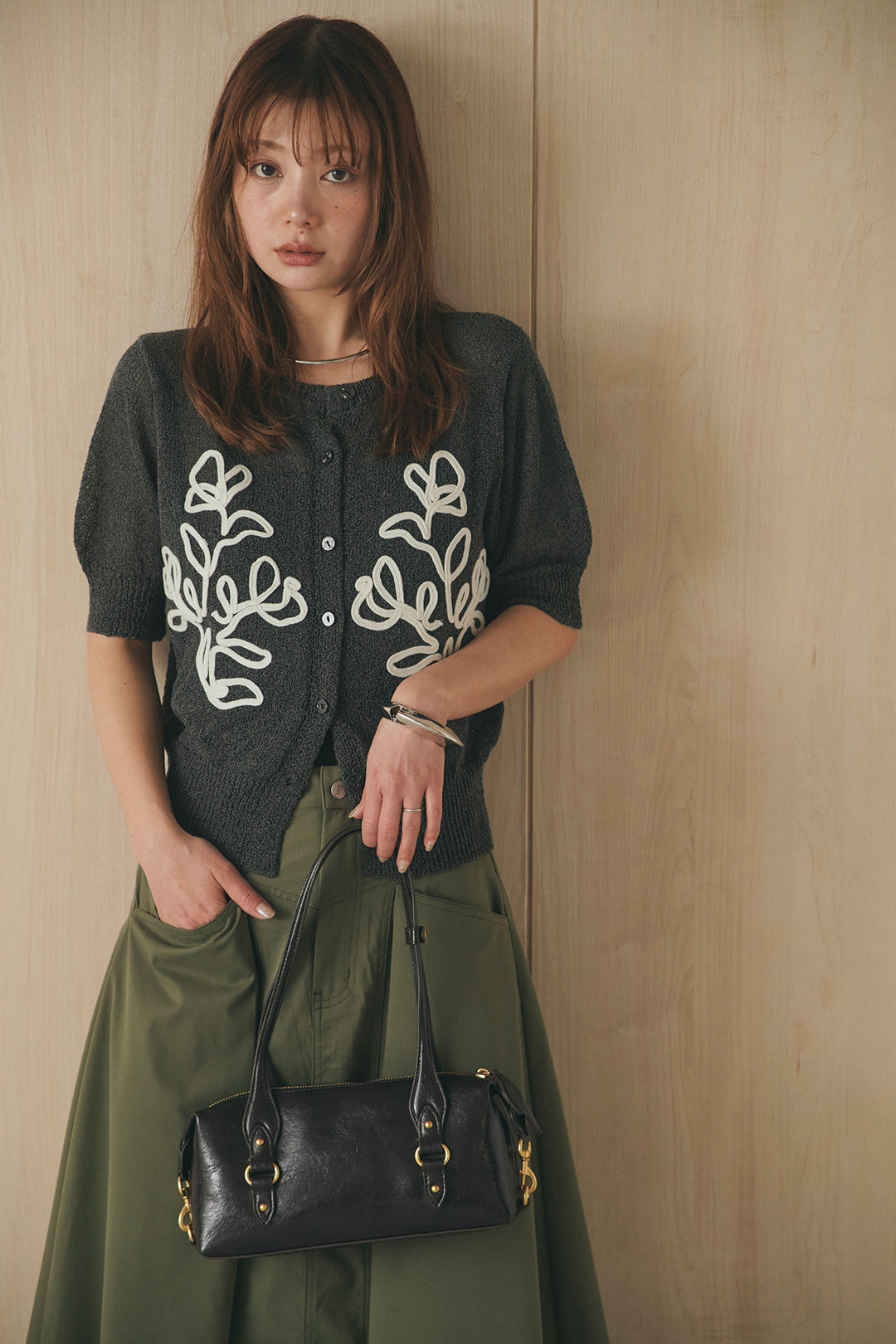 [SET]フロントテープデザイン半袖カーディガン+ミリタリーツイルタックフレアスカート(2set)