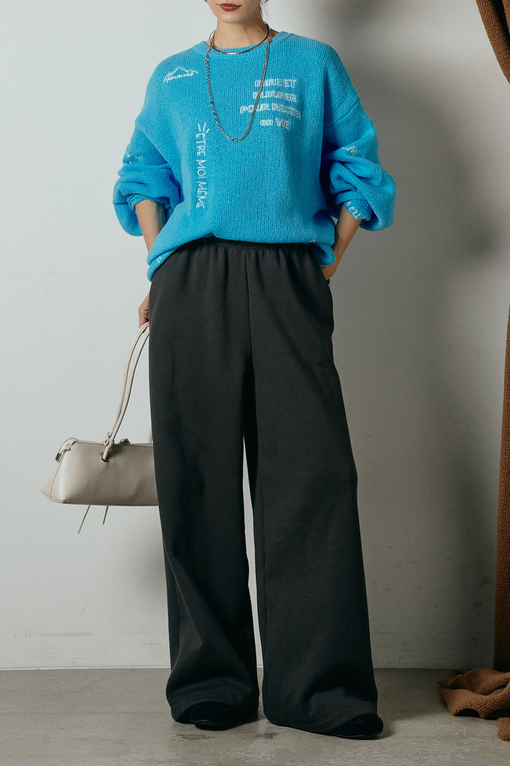 [SET]刺繍ロゴランダムデザインニットトップス+裏起毛スウェットワイドパンツ(2set)