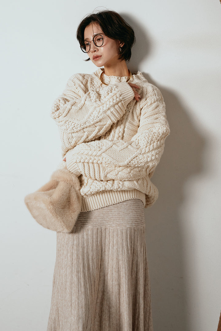 [SET]アラン柄ミックスケーブルニット+編み地切り替えフレアニットスカート(2set)