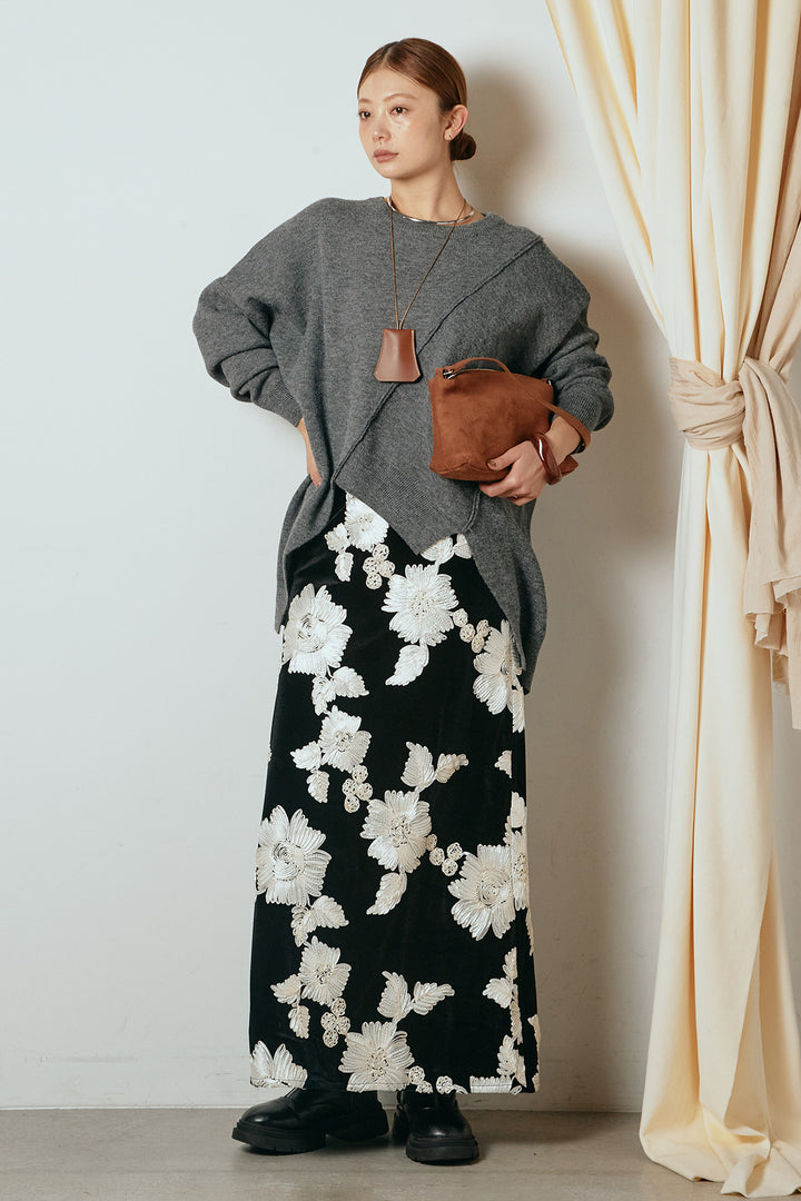 [SET]アシンメトリーデザインニットトップス+フラワー刺繍ワイドスカート(2set)