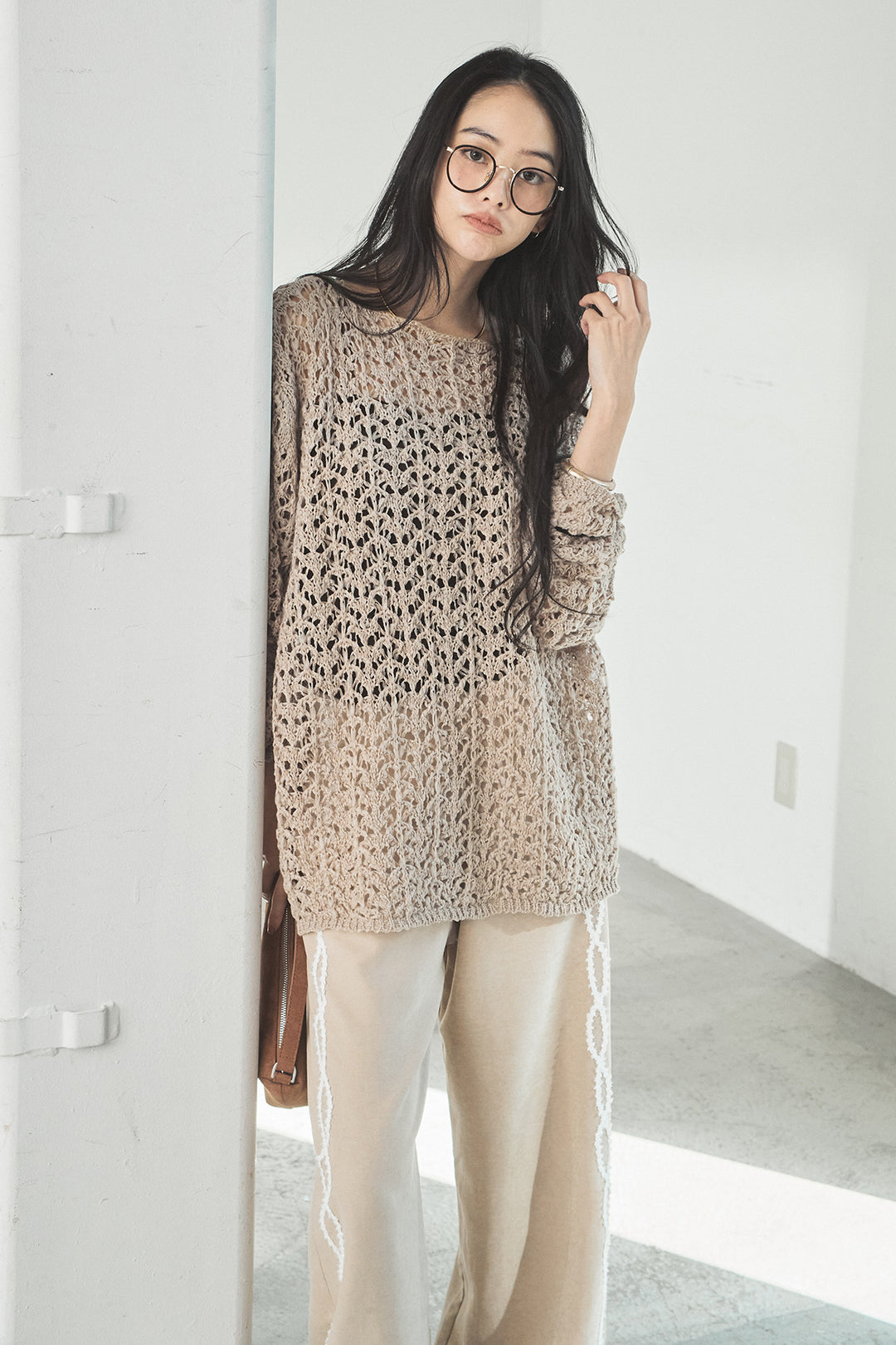 [SET]リラックスメッシュニットトップス+刺繡テープラインパンツ(2set)