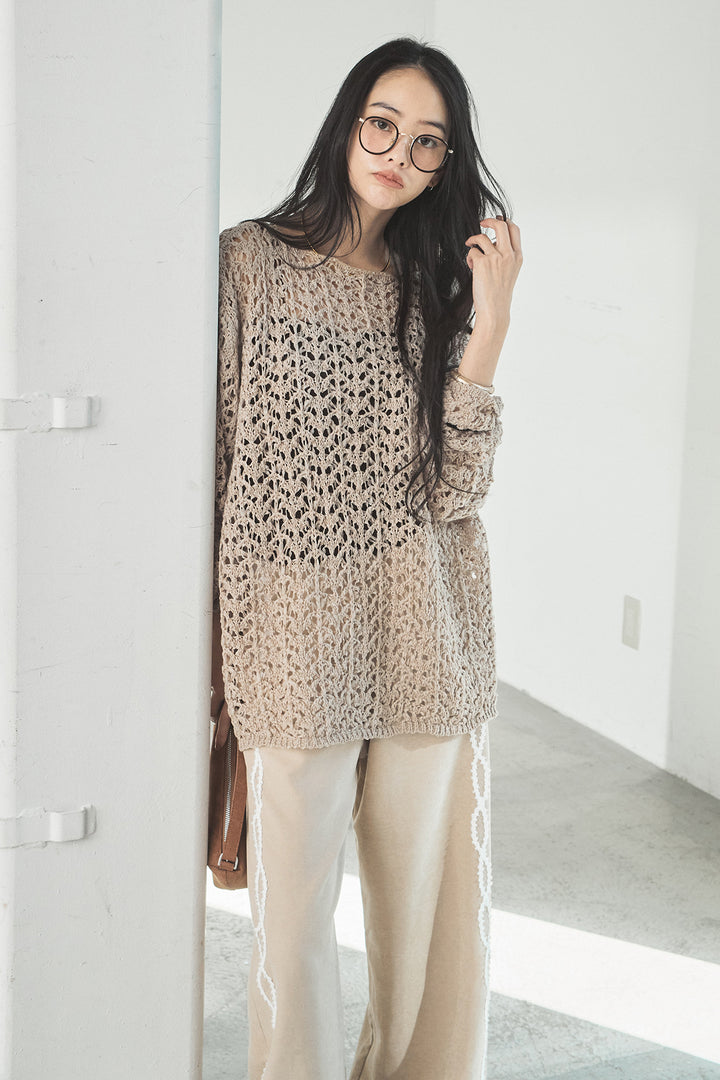 [SET]リラックスメッシュニットトップス+刺繡テープラインパンツ(2set)